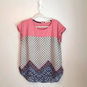Women's Large Rewind Blouse pink purple white blue Aztec boho patterns LOT-N
